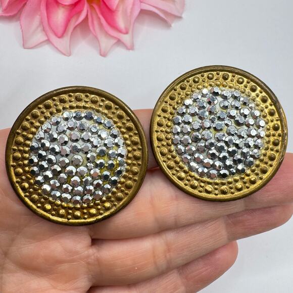 Vintage Richard Kerr Rhinestone Shield Statement Clip On Earrings Signed Sparkly - Picture 2 of 10